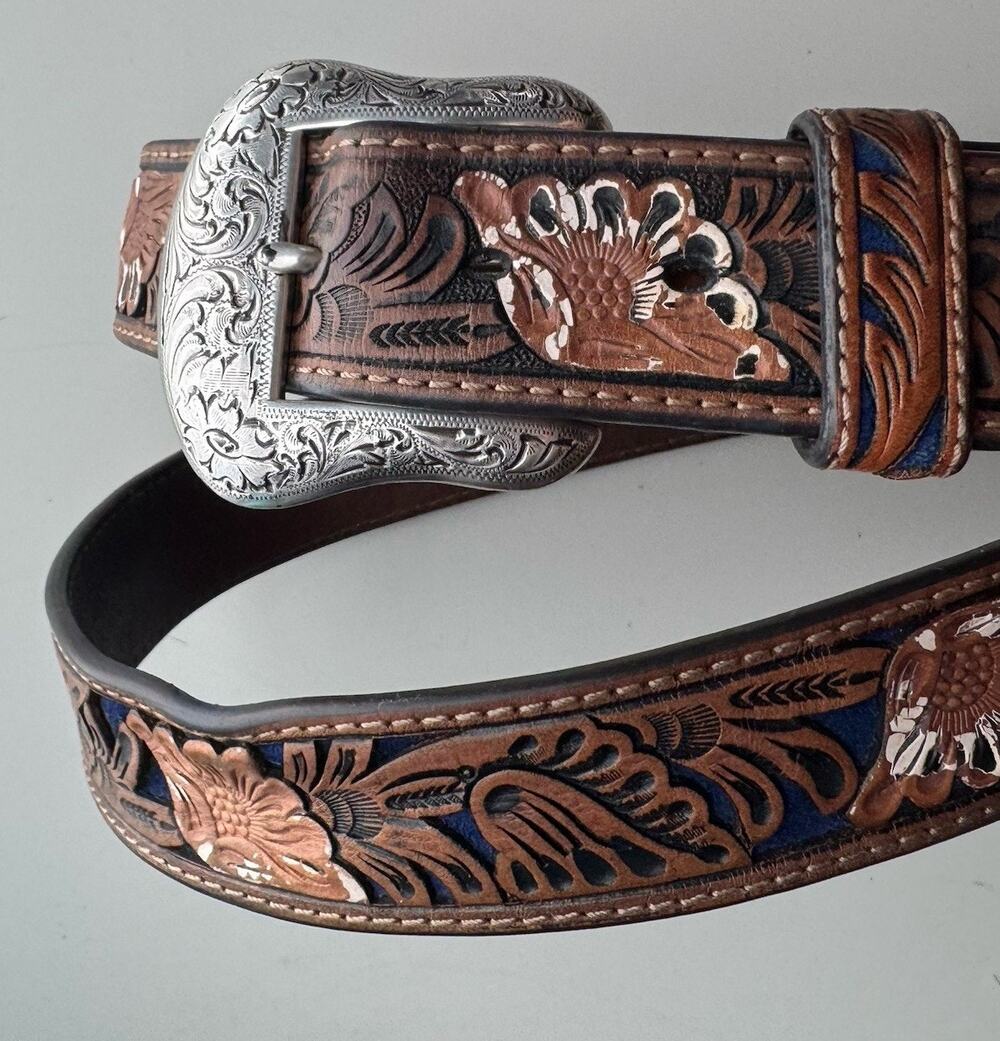 Nocona Leather Belt Mens Size 46 Floral Tooled Brown Leather Silver Filligree
